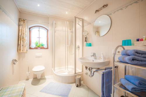uma casa de banho com um WC e um lavatório. em Ferienwohnung Berghof em Wallgau