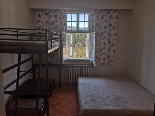 a bedroom with two bunk beds and a window at Hostel Pestalozza in Špindlerův Mlýn