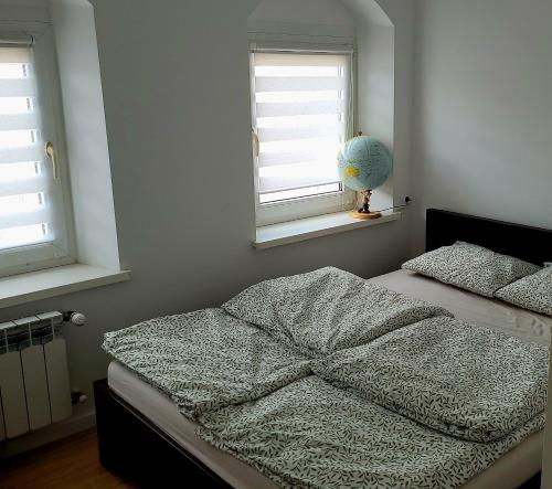 a bedroom with a bed and two windows at Przytulny Apartament w centrum miasta in Kętrzyn