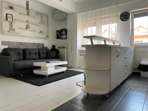 a living room with a couch and a table at Studio Residence Militari in Bucharest
