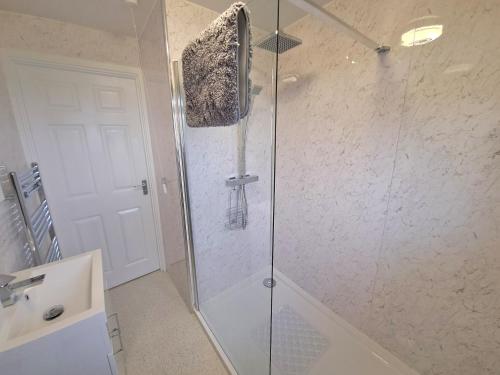 a glass shower in a bathroom with a sink at River Rest - Norfolk Broads in Brundall