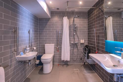 a bathroom with a toilet and a sink and a shower at Holiday Inn Express - Fleet, an IHG Hotel in Fleet