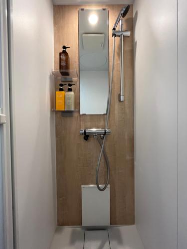 a bathroom with a shower with a sink and a mirror at 蝉時雨－大正 in Osaka