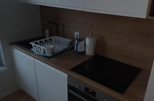 a kitchen counter with a dish drying rack on it at Apartament targowy in Poznań