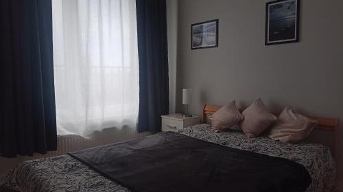 a bedroom with a bed with pillows and a window at Apartament targowy in Poznań