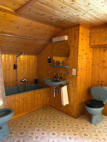 a bathroom with two toilets and a sink and a tub at Chalet St-François in Ollon