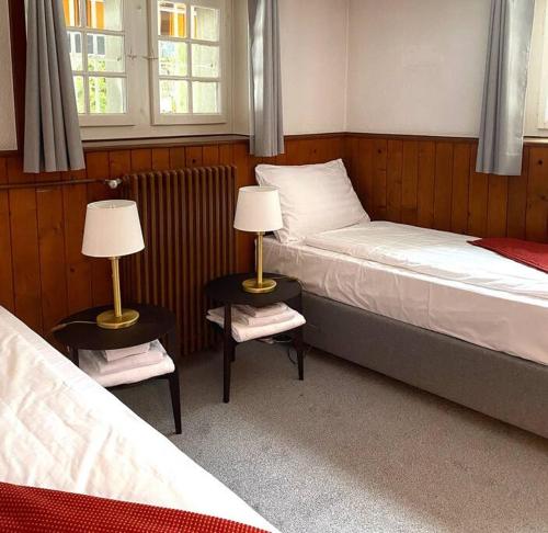 a bedroom with two beds and two lamps on tables at Chalet St-François in Ollon
