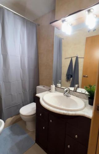 ein Badezimmer mit einem Waschbecken, einem WC und einem Spiegel in der Unterkunft Loft Sant Jordi by Lofties in Terrassa