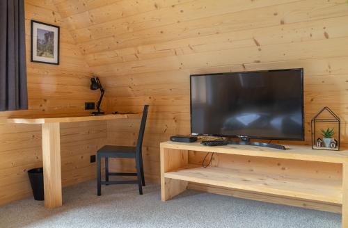 a room with a television on a wooden wall at Domek Przy Dolinie in Kościelisko