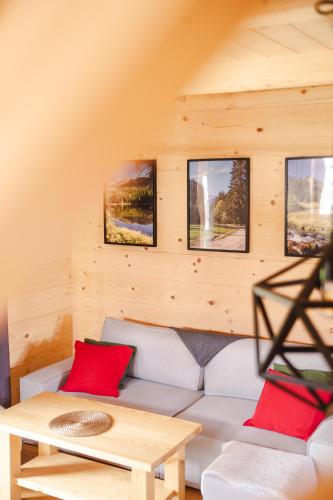 a living room with a couch and a table at Domek Przy Dolinie in Kościelisko