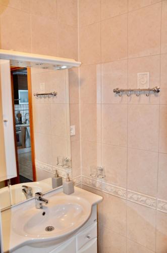 a bathroom with a sink and a shower at Panoramic Apt in the City center in Palanga