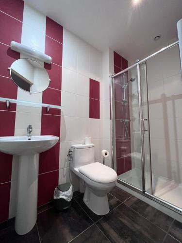 a bathroom with a toilet sink and a shower at Villa de l’Eguille in LʼÉguille
