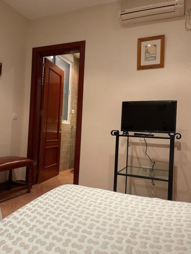 a bedroom with a bed and a television on a table at HOSTAL CHIQUININO II in Higuera la Real