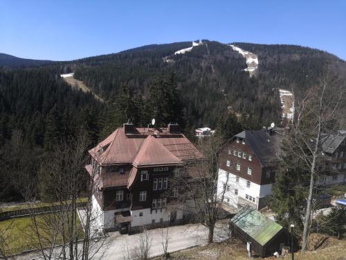a large building with a mountain in the background at Hostel Pestalozza in Špindlerův Mlýn