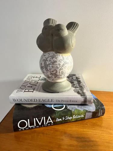 a vase sitting on top of a book at My Cottage On Main in Boolaroo