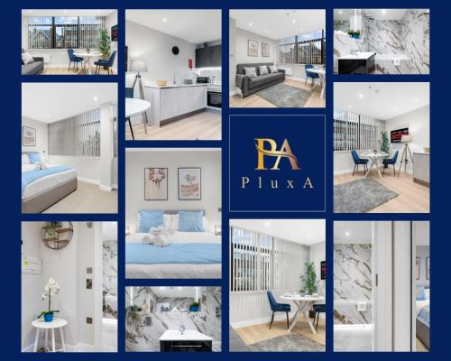 a collage of photos of a bedroom and a living room at Pluxa Larimar - Spacious Apt with Private Entrance, Workspace & Wi-Fi in Harrow