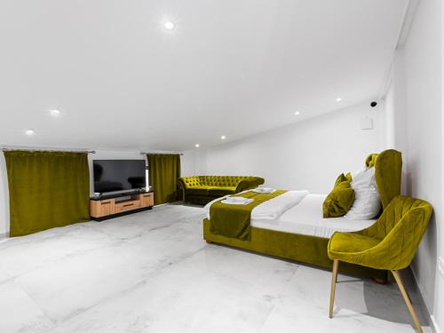 a bedroom with a bed and a couch and a tv at Transylvania House in Arieşeni