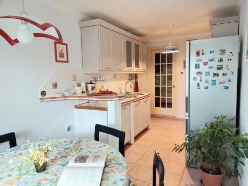 a kitchen with a table with a laptop on it at Palm Garden Apartment in Kastav