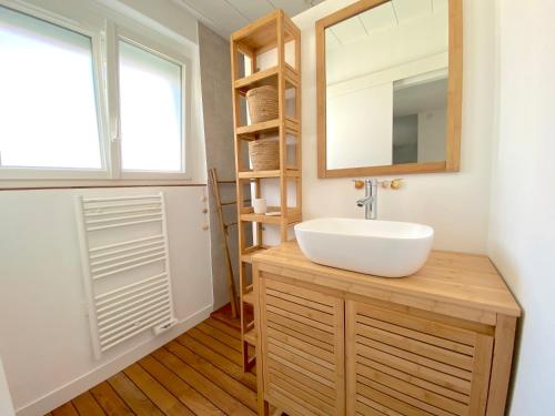 een badkamer met een wastafel en een spiegel bij Maison de vacances "L'Embrun Marin" in Brem-Sur-Mer