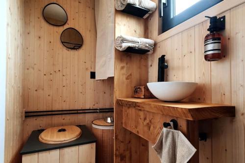 uma casa de banho com um lavatório numa parede de madeira em Tiny House haras Normand - 20 minutes d'Étretat 