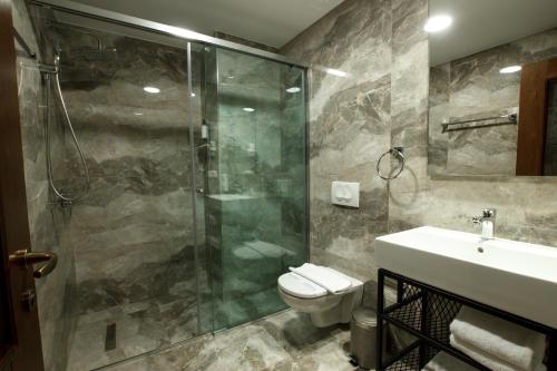 a bathroom with a shower and a toilet and a sink at Rose Garden Hotel in Gjirokastër