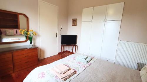 - une chambre avec un lit, une commode et un miroir dans l'établissement Best House, Green Home, Elaiofyto Village, Agrinio, Aitoloakarnania, 