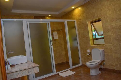 a bathroom with a shower and a toilet and a sink at Ufanisi Resort - Kisii in Kisii