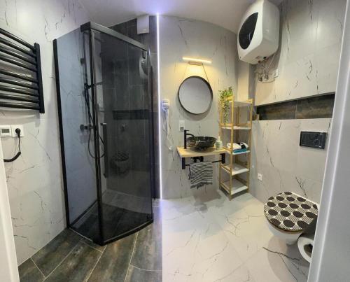 a bathroom with a shower and a toilet at Apartament SUNNY Rusinowo in Rusinowo