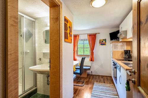 Un pequeño baño con lavabo y ducha. en Unterlehenhof N, en Zell am Ziller