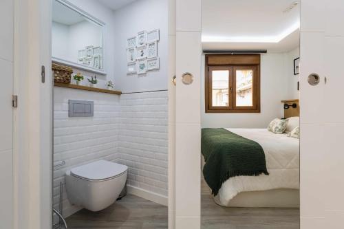 een slaapkamer met een bed en een toilet in een kamer bij El balcón de Covelo in Pontevedra