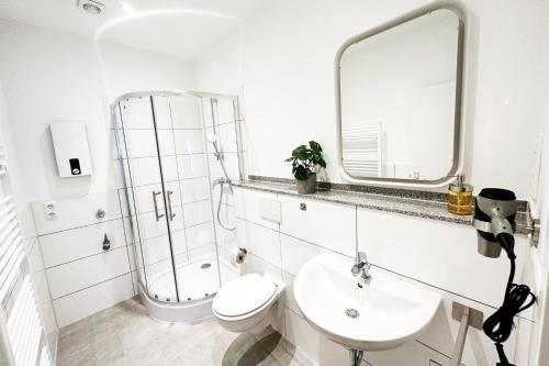 a bathroom with a sink and a toilet and a mirror at Modernes City-Apartment in Mönchengladbach in Mönchengladbach