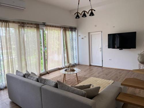 a living room with a couch and a flat screen tv at Stan na dan Jungle in Bajina Bašta