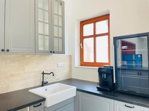 a kitchen with a sink and a microwave at Golden Bridge Deluxe Home - 4BR, terrace, bar, privat pool, grill, pet friendly in Balatonfüred