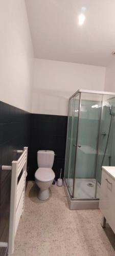 a bathroom with a toilet and a glass shower at Guest Home location in Néris-les-Bains