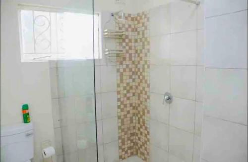 uma casa de banho com um chuveiro e uma porta de vidro em Mellow 2 bedroomed cottage - 2083 em Bulawayo