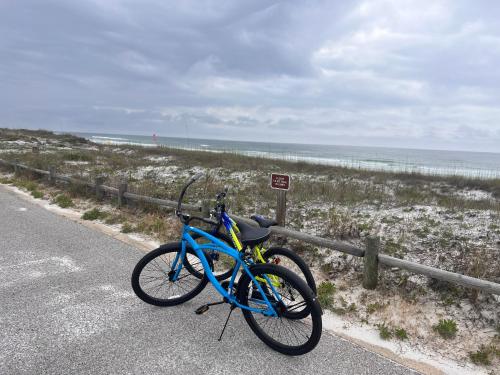 Una bicicleta azul estacionada en una carretera junto a la playa en Exclusive Beach Villa with Private HeatedPool, HotTub, Golf Cart & Bikes, en Destin