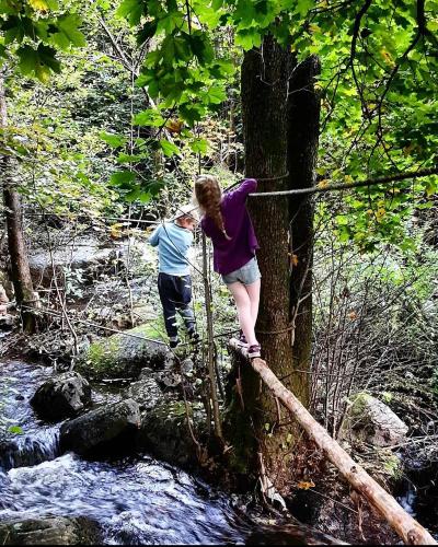 two girls standing on a rope bridge over a creek at Villa Villekulla in Kristiansand