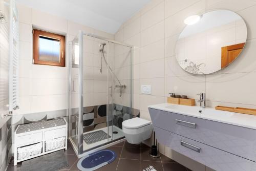 een badkamer met een douche, een toilet en een wastafel bij Villa Lori in Nova Vas