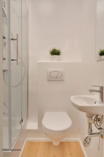 a white bathroom with a toilet and a sink at Stuttgart am Wasen Toplage 4Zi 80qm in Stuttgart