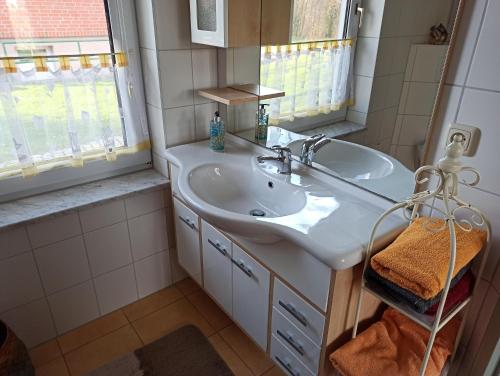 Ferienhaus Liwi في Liessow: حمام مع حوض ومرآة