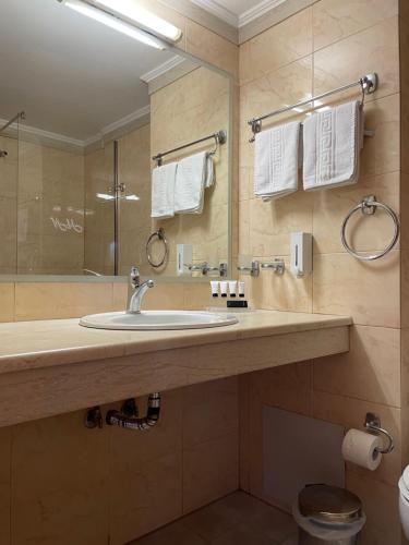 ein Bad mit einem Waschbecken und einem Spiegel in der Unterkunft Neda Hotel in Olympia