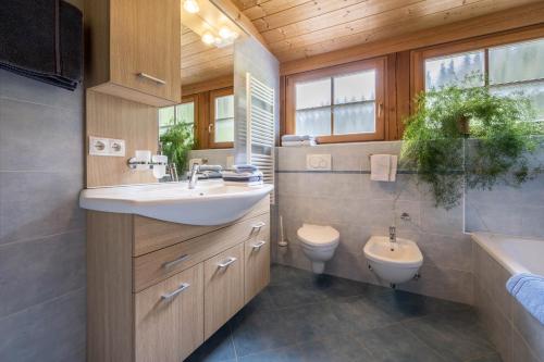 a bathroom with a sink and a toilet at Ferienhaus Pichlerhof in Fundres