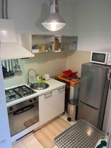 a kitchen with a stainless steel refrigerator and a sink at Fregene's Studio Monolocale in Fregene