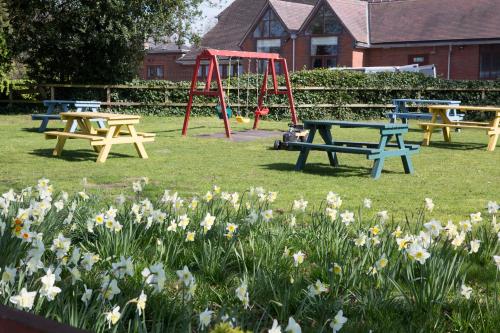 three picnic tables and a playground in a field of flowers at The Egerton Arms Astbury in Congleton