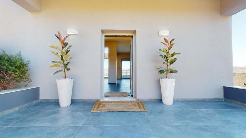 three white vases with plants in them on a hallway at Villa Capparis in Moírai