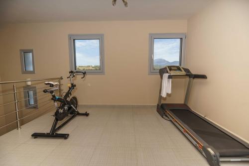 a gym with a treadmill and a bike in a room at Villa Capparis in Moírai