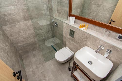 a bathroom with a shower and a sink and a toilet at Hotel Perla - Annexes in Herceg-Novi