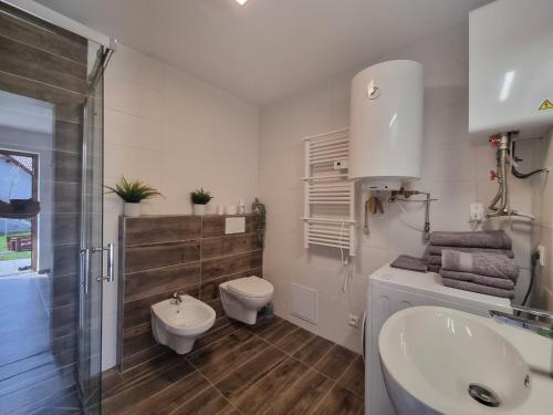 uma casa de banho branca com um lavatório e um WC em Apartmán Felix em Vaclavov u Bruntalu