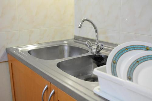 a kitchen sink with a faucet and a plate on it at Blue Rose Apartment in Budapest