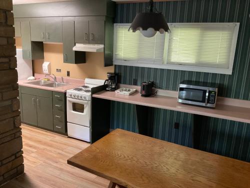a kitchen with a stove and a sink and a microwave at Carr's Northside Hotel and Cottages in Gatlinburg